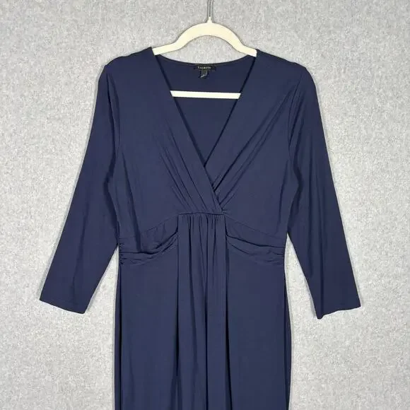 Talbots Dress Small Midi Navy Wrap Twist Ruched Modest Stretch Career Church